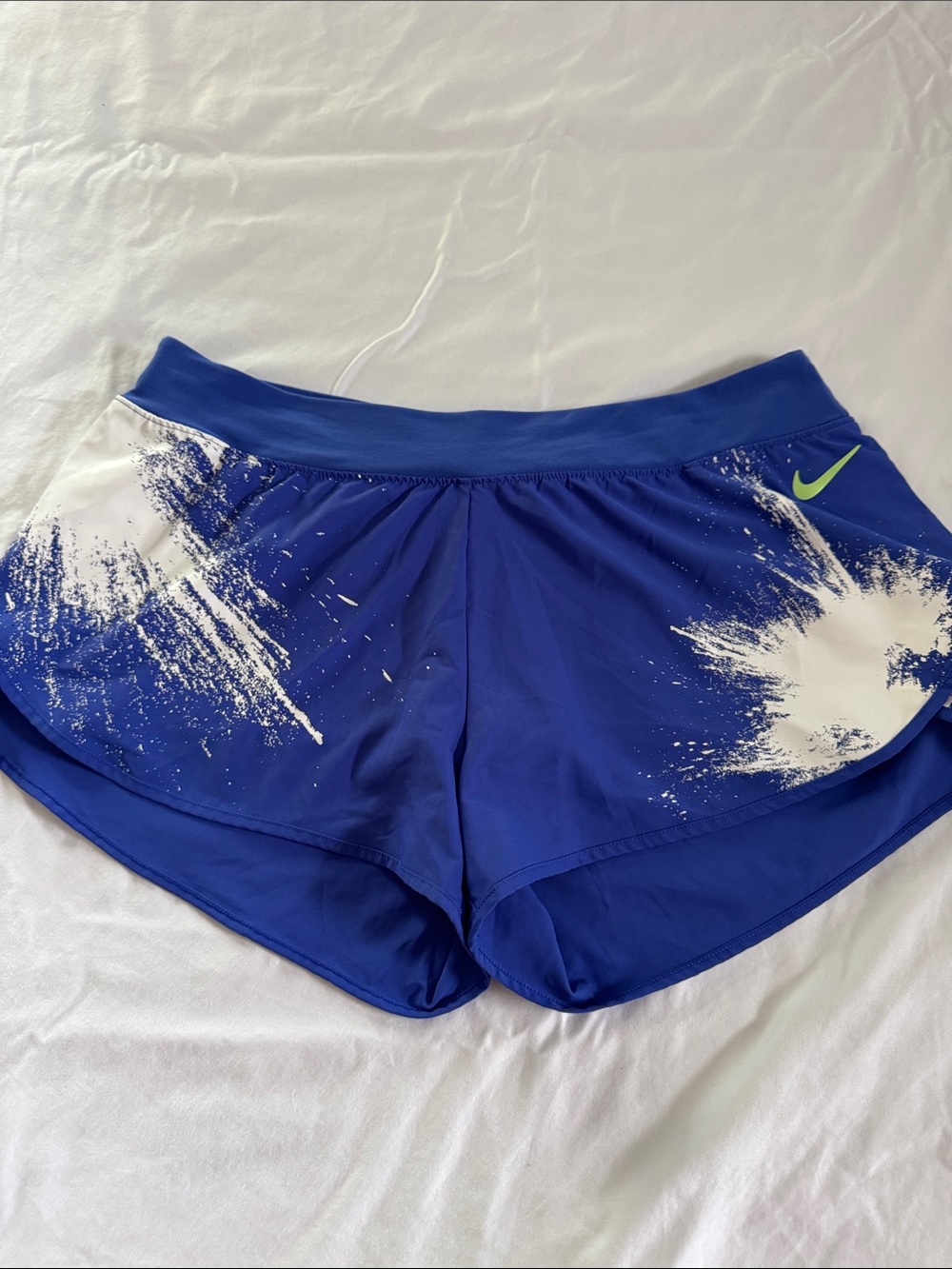 Nike Royal Blue Women's Athletic Shorts with White Splash and Lime Swoosh